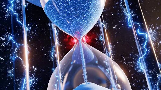 A futuristic hourglass with glowing blue sand and red light at the bottom, surrounded by vibrant electric blue lightning-like streaks on a dark background