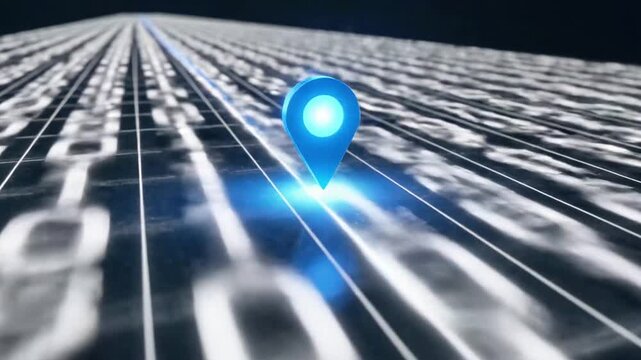 A close-up view of a grid filled with binary code, featuring a blue location pin on a highlighted zero