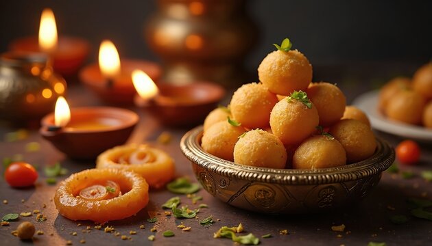 Round laddus and swirly jalebis served in bowl near lit diyas. Festive Indian food arrangement with sweet treats and oil lamps for celebration.