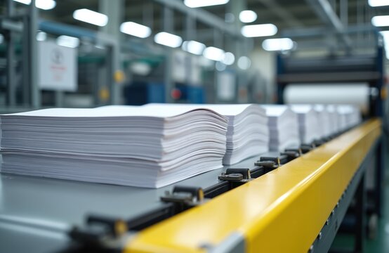 Stacks of paper documents move on a factory conveyor belt. Printed materials await distribution from automated production line equipment. Industrial print shop processes large orders efficiently.