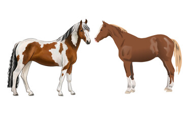 Obraz premium An enchanting illustration featuring two distinct horses a striking pinto with a unique coat pattern and a graceful solid brown horse, showcasing equine beauty