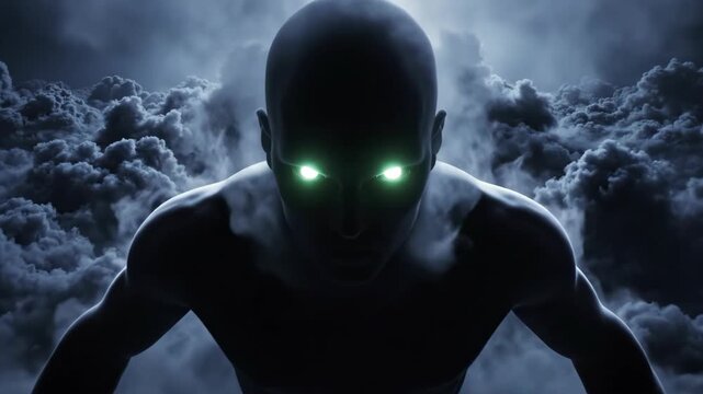 A shadowy figure emerges from billowing clouds, with glowing green eyes and outstretched arms