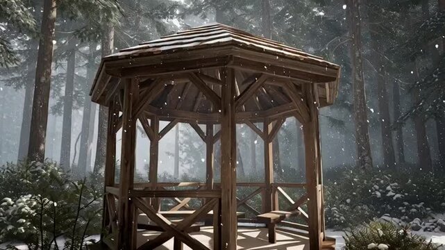 Misty Forest Gazebo with Wooden Structure.