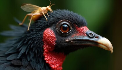 Wattled brush-turkey head shows black feathers red wattles. An insect sits on birds crown. Wildlife close-up detail of avian creature. Nature macro shot.