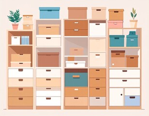 Clean Vector Illustration of Organized Storage Cabinets and Boxes for Modern Living Spaces