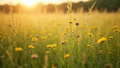 Naklejka premium Golden hour sunlight bathes a meadow filled with yellow wildflowers and green grass. Tall stalks of dry grass catch the warm light. Peaceful nature scene with blooming plants.