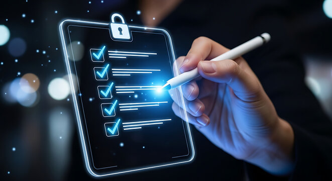 Hand using stylus on secure digital checklist with padlock icon

