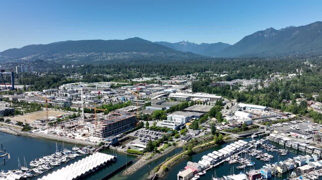 Drone Flying Toward North Vancouver City and Marina, Vancouver British Columbia Canada