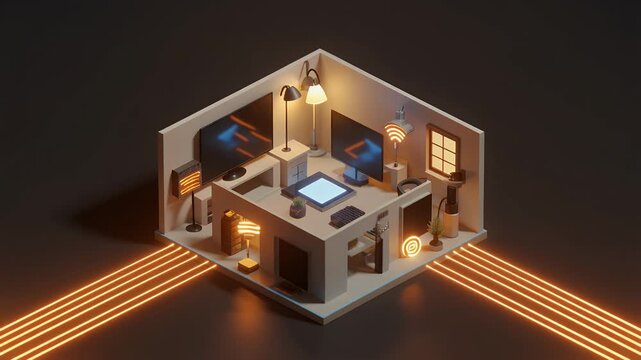 Isometric Office Interior with Glowing Neon Lines and Modern Technology Setup.