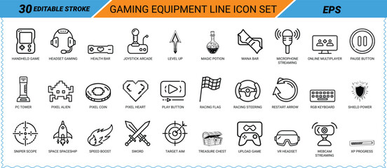 Gaming Equipment Line Icon Set Editable Stroke Outline Icons handheld game headset gaming © Bellal Icon Studio