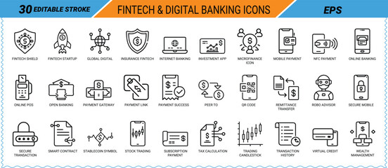 Obraz premium Fintech & digital banking icons. Mobile payment, online banking, security shield, crypto, blockchain, finance app, credit card, investment, money transfer, wallet. Vector EPS.
