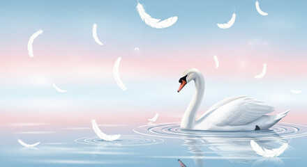 Obraz premium Serene white swan swimming peacefully on calm water with feathers floating around at sunset