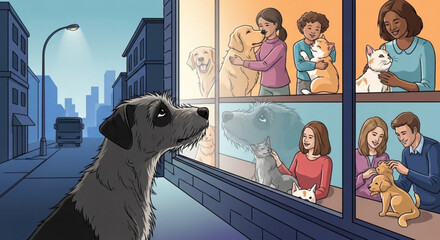 Fototapeta na wymiar Dog looking up at people with pets in cozy homes through window on city street