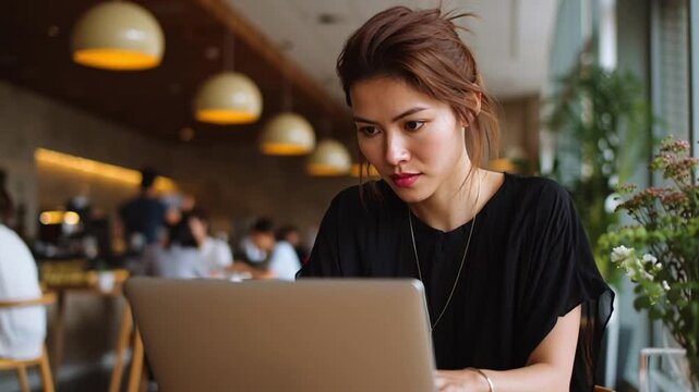 Focused Intensity: An intent individual engrossed in her laptop work, she sits in a restaurant environment