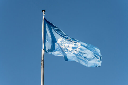 Flag of the United Nations waving in front of a blue sky