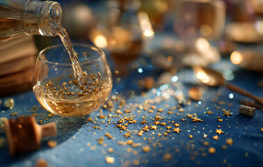 Golden Liquid Poured Into Wine Glass With Star Shaped Confetti And Bubbles Reflecting Light