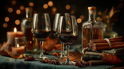 Fototapeta premium Warm Amber Wine Glasses With Autumn Leaves Cinnamon Sticks And Bottle Ambient Lighting