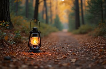 Naklejka premium Glowing lantern sits on forest path covered in autumn leaves. Path leads through trees with yellow and orange foliage in soft light. Peaceful fall nature scene.
