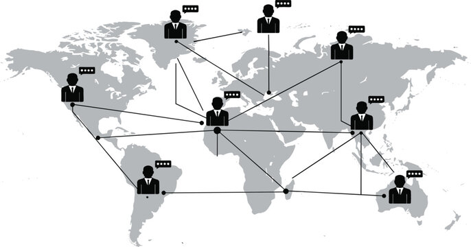 Global business network concept with world map and connected people icons for international communication and digital outsourcing services technology