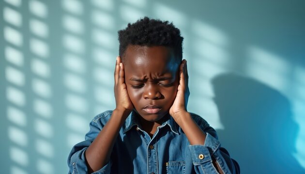 Young black boy child covers ears eyes closed in distress. Autism spectrum sensory overload, hypersensitivity, pain, discomfort. Overwhelmed by loud noise, bright light causing distress.