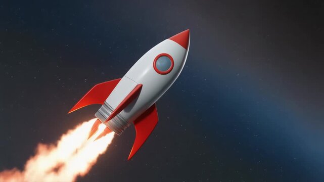 A sleek white rocket with red fins and nose cone flying through space, flames and exhaust propelling it forward, symbolizing exploration and adventure.