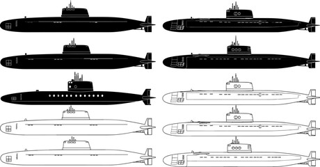 Military submarine silhouette vector illustration set, modern naval underwater vessels collection, black and white warship designs, defense fleet icons for infographic, technical, marine use © Shuda
