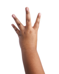 Obraz premium African-american boy showing four fingers on white background, closeup