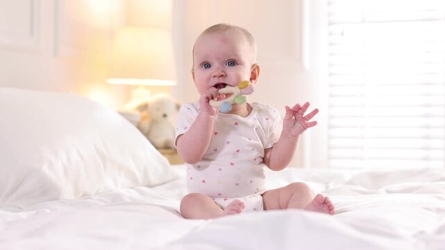 Cute little baby with teether on bed at home, camera moving left