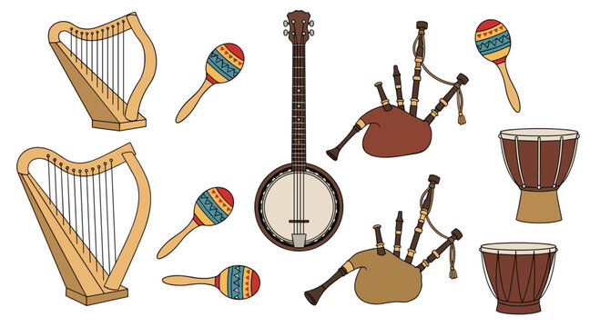 Various hand drawn musical instruments including harps maracas a banjo bagpipes and drums are scattered across a plain white background.