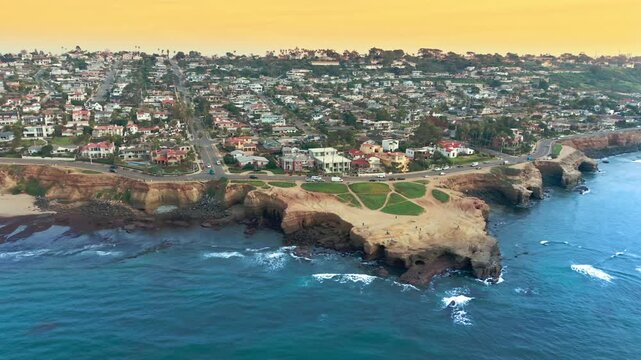 Aerial panorama of Del Mar California showing cliff side homes overlooking Pacific Ocean coastline