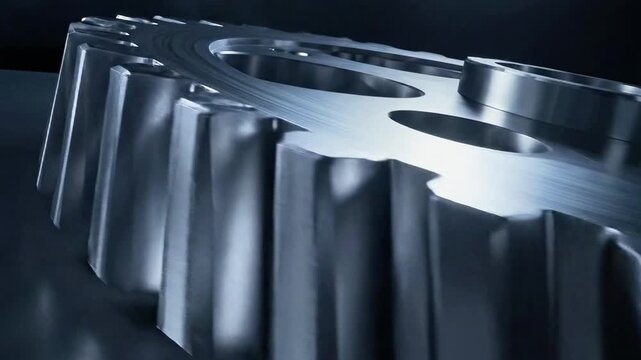 A close-up view of a metallic gear with a dark background, showcasing its detailed teeth and shiny surface