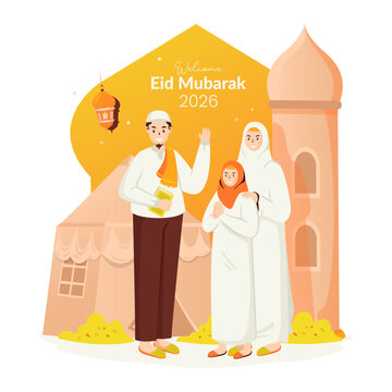 Muslim Family Greeting and Welcoming Eid Mubarak Flat Vector Illustration