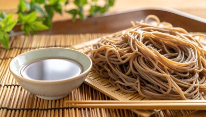 Japanese Soba Noodles with Dipping Sauce. Traditional Japanese Food