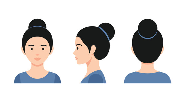 Three flat vector illustrations showing the front view side profile and rear view of a young woman with dark hair in a bun wearing a blue top.