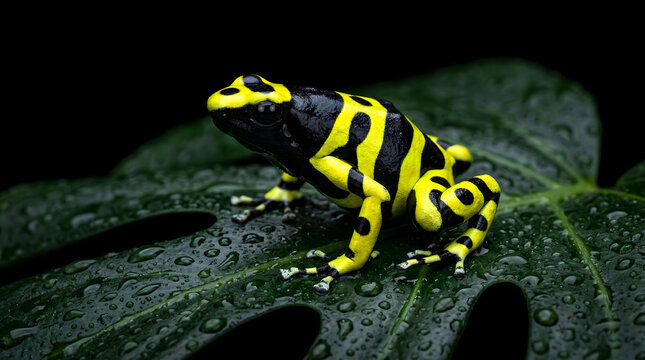 Vibrant Poison Dart Frog on Wet Leaf