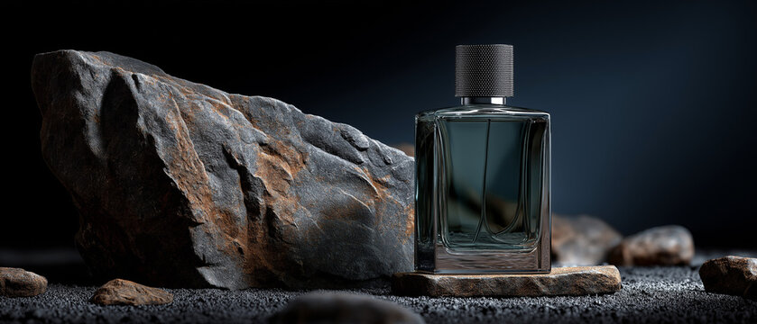 Mockup of a bottle of men's perfume standing on a stone on a dark background