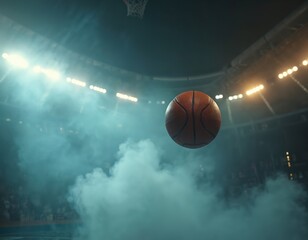 Fototapeta premium Basketball flies in smoky arena under bright stadium lights. Dramatic low angle view of ball in air, sports game motion, intense energy, competition atmosphere. Night sports event.