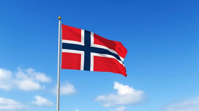 Norwegian flag waving on a flagpole against a clear blue sky with white clouds