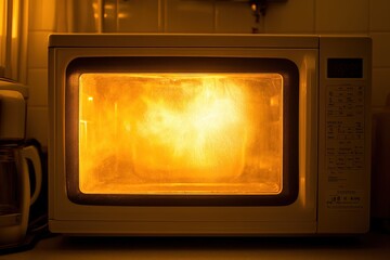 A Microwave Oven Illuminating Warmly in a Homely Kitchen Setting