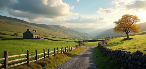 Obraz premium Stone farmhouse sits on green rolling hills beside dirt road. Yellow tree stands near winding grey stone wall. Gentle mountains fade into soft hazy blue distance under cloud sky.