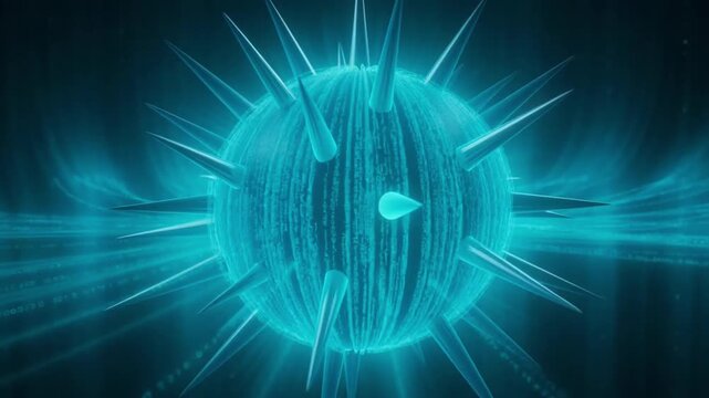 A detailed 3D rendering of a microscopic virus with spiky protrusions against a dark, glowing blue background with light streaks.