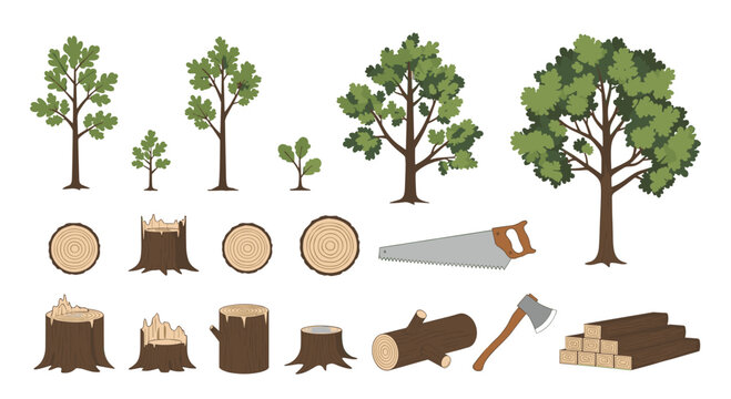 Eighteen forestry items including green trees and stumps with woodworking tools are shown on a white background.