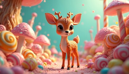 Naklejka premium Cute fawn stands in magical candy forest with lollipop mushrooms and swirl candies. Pink and pastel dessert landscape, surreal food fantasy world. Whimsical, dreamy, sweet, bright.