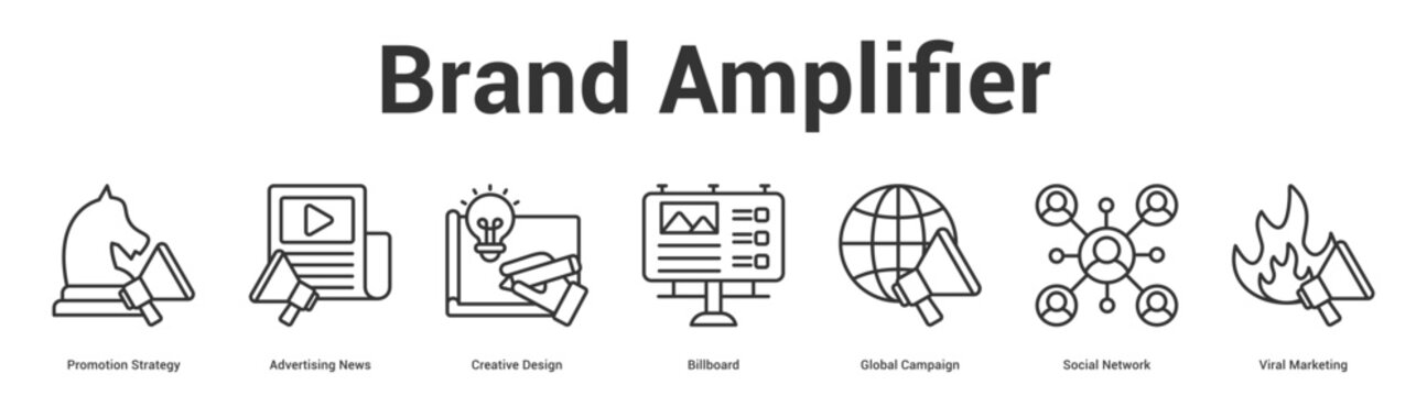 Brand Amplifier web banner icon set vector illustration concept for business with icon of Promotion Strategy, Advertising News, Creative Design, Billboard, Global Campaign, Social Netwo.