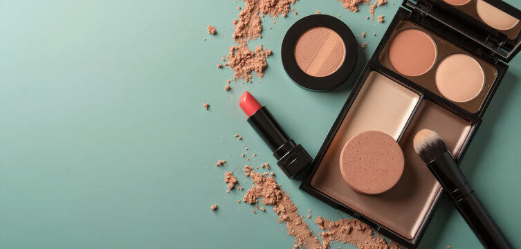 Flatlay of makeup items including lipstick foundation palette powder brush and sponge on teal background. Scattered powder adds texture and depth to the cosmetic composition.