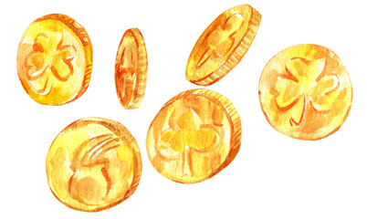 Watercolor illustration of gold coins, isolated 300 dpi PNG, money, treasure, St. Patrick's Day pot of gold, savings, investments