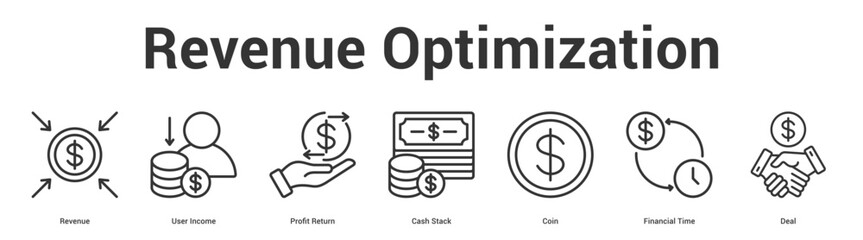 Revenue Optimization web banner icon set vector illustration concept for business with icon of Revenue, User Income, Profit Return, Cash Stack, Coin, Financ.