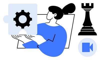 Problem solving, strategic thinking, innovation, online collaboration, leadership training, remote teamwork. Woman holding puzzle gear piece. Problem solving and strategic thinking concept © robu_s
