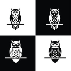Obraz premium Set of four black and white owl silhouettes sitting on a branch, minimalist nocturnal bird icons with decorative patterns for forest nature branding.