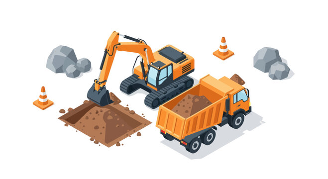 Isometric Construction Site with Excavator Digging and Dump Truck Loading Soil.